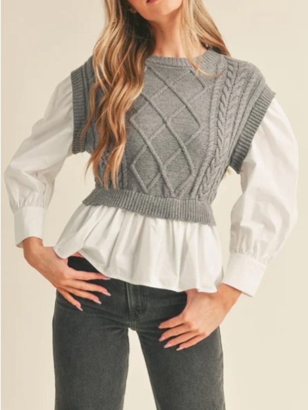 NWOT & MERCI en merci twofer sweater vest blouse gray size small cable knit